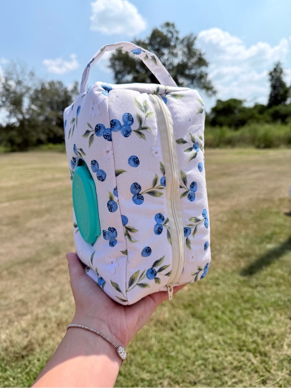 Blueberry Print Travel diaper/wipe pouch - White & Blue